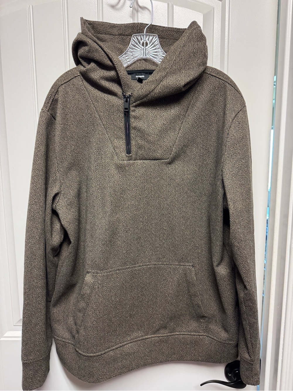 Express Men's Brown Hooded Quarter-Zip Sweater